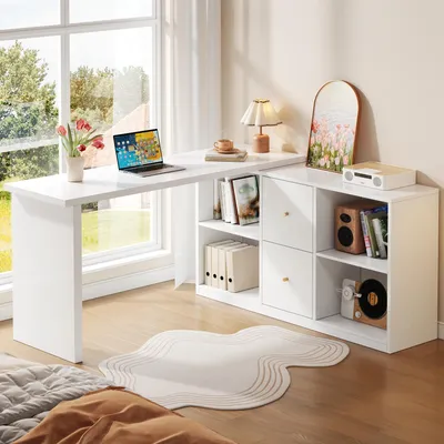 Productafbeelding van L-vormig hoeksBureau 120x50/130x35, beide zijden monteerbaar, 2 lades, opbergvakken (wit)