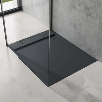 Produktbild von doporro Duschtasse Duschwanne 80x100x4 flach Mineralguss in Anthrazit DIN-Anschlüsse für bodenebene Montage geeignet Geoma04