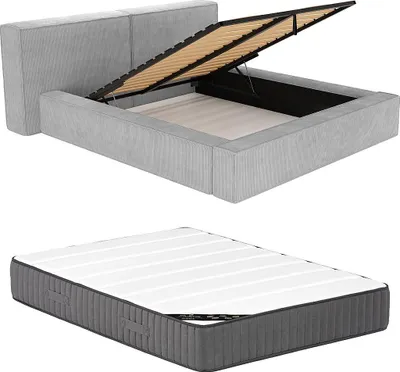 Produktbild von Bett mit Bettkasten + Matratze - 160 x 200 cm - Cord - Hellgrau - TIMANO
