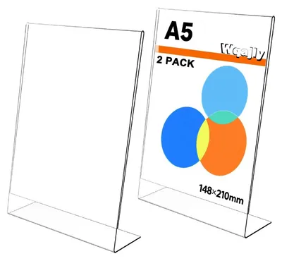 Imagen del producto de Soporte para carteles acrílicos Solidchoice, formato A5, en forma de L, transparente, paquete de 2 unidades