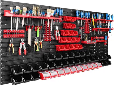 Produktbild von Lagersystem Werkstattregal | 172 x 78 cm | 56 stck. Box | Wandregal mit Werkzeughalterungen und Stapelboxen - Wandplatten Extra Starke Schüttenregal Warkzeuglochwand Lagerregal Garage Regal