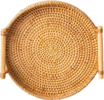 Image de Panier de service rond en rotin tressé à la main pour le pain, les fruits, les desserts et les snacks avec poignées Diamètre 28cm Hauteur 4cm