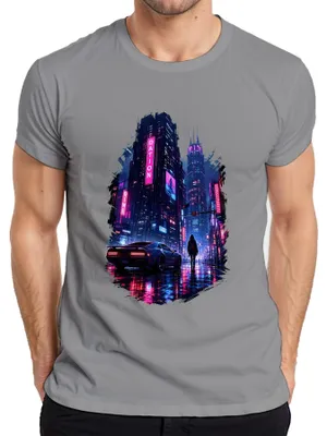 Produktbild von Cyberpunk City Future Neon Auto Regen Nacht Japan Y2K Synthwave Herren T-Shirt, Grau, S