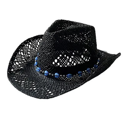 Produktbild von Sommer-Strohhut, ausgehöhlt, faltbar, verstellbar, Perlendekor, gewellter Rand, winddichter Riemen, Western-Cowboy-Stil, einfarbig, Outdoor-Kappe, Schwarz