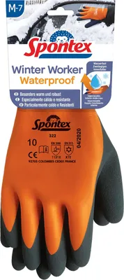 A pair of orange and gray winter gloves shown in their packaging.