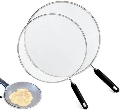 Zdjęcie produktu dla Zestaw osłon na patelnię ze stali nierdzewnej Ibenzoa® (2 szt.) – siatkowe pokrywki o średnicy 29 i 33 cm, nadające się do mycia w zmywarce i wyposażone w uchwyty do zawieszania, zapewniające bezpieczne gotowanie