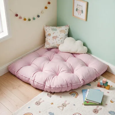 Zdjęcie produktu dla Poduszka narożna, 100x100 cm, mata do zabawy dla dzieci, miękka, antypoślizgowa mata dla dzieci, poduszka do pokoju zabaw – do czytania/jogi/medytacji, kolor różowy