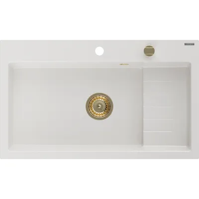 Zdjęcie produktu dla Mexen Omar zlewozmywak granitowy 1-komorowy 800 x 480 mm, biały, syfon złoty - 6520801005-20-G