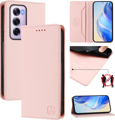 Produktbild von Lederhülle für Oppo Reno12 Pro Hülle Flip Brieftasche Kartenfächern Ständer Schutzhülle Pink