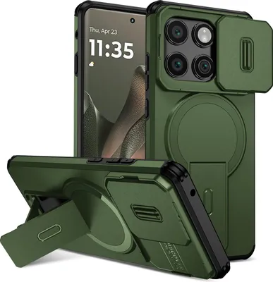 Obrázek produktu pro Magnetické pouzdro pro Motorola Edge 2025, dvouvrstvé odolné pouzdro s posuvnou ochranou fotoaparátu a nastavitelným stojánkem Zelená