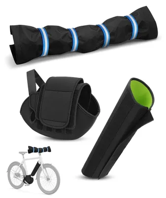 Immagine prodotto di Set di protezioni per il trasporto di biciclette elettriche, composto da 3 elementi: una per il manubrio, una per il motore e una per la batteria. Realizzato in neoprene e tessuto Oxford