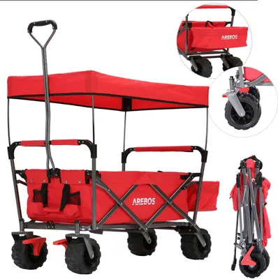 A collage of images showing a red foldable wagon with a canopy, its features, and its folded state.