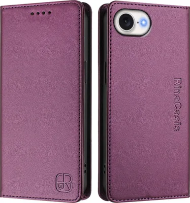 A purple leather flip wallet case for a smartphone, shown from both the front and back.