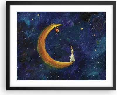 Produktbild von Gerahmtes Poster - Schwarzer Rahmen - Mädchen auf der Mond - 50x40 cm - Wand Bild - Wanddeko - Wandbilder - Kunstposter - Wandposter - Bilderrahmen - Bilder - Kunstdruck - P2BAA50x40-4575
