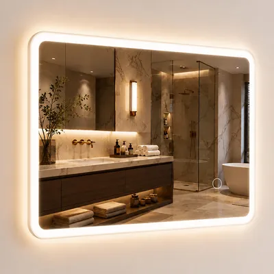 Productafbeelding van Relaxdays Badspiegel, 40 x 60 cm, LED-spiegel met dimfunctie, 3 lichtstanden, IP44, voor wandmontage, rechthoekige badkamerspiegel, glas, AI-gegenereerde afbeelding