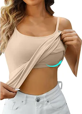 Produktbild von ASKSA Damen Unterhemd BH Hemd Basic U-Ausschnitt Eingebauter BH Tank Top, Beige, Groesse: XL