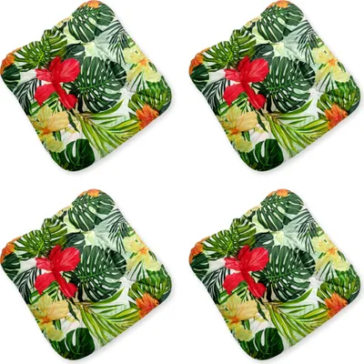 Four square seat cushions with a tropical floral pattern are arranged in a grid on a white background.