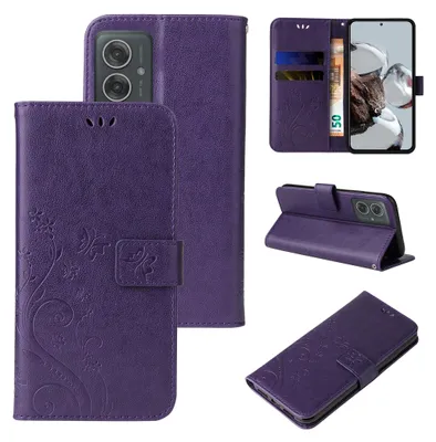 A collage of images showing a purple floral butterfly flip phone case for a Motorola Moto G55 5G.