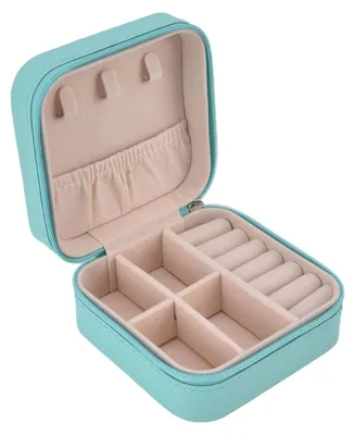 Produktbild von Tragbares Schmucketui mit Reißverschluss, 4 Fächer, großes Fassungsvermögen, Trennwand-Aufbewahrung, weiches Innenfutter, Mini-Box für Reisen, Blau