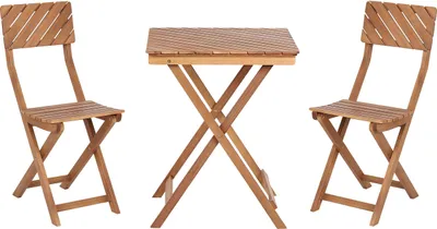 A wooden balcony set with two chairs and a table, displayed against a white background.