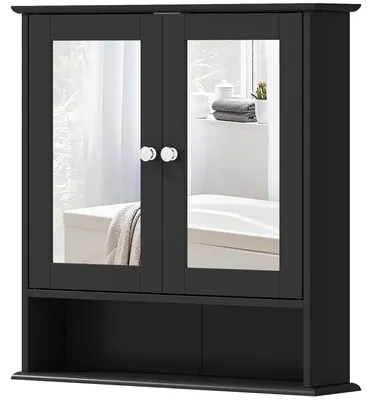 Produktbild von Badezimmerschrank mit Spiegel, Wandschrank mit 2 Tš¹ren, offenem Fach, verstellbarem Einlegeboden, 56 x 13 x 58 cm, Schwarz