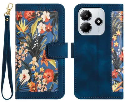 Obrázek produktu pro Pro Xiaomi Redmi Note 14 5G Umělá kůže Peněženka Mobilní telefon pouzdro Flower Design kryt pouzdro Dark Blue