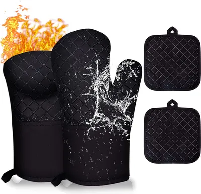 Produktbild von 4stk Ofenhandschuhe Topflappen Set 300℃ Silikon Kochhandschuhe Topfhandschuhe Hitzebeständige Backhandschuhe, Schwarz