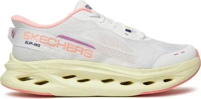 A side view of a white Skechers slip-on sneaker with pink and purple accents.