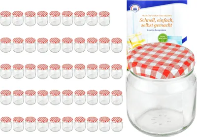 Produktbild von 50er Set Rundglas 212 ml nieder To 66 rot karierter Deckel Sturzgläser Gläser incl. Rezeptheft