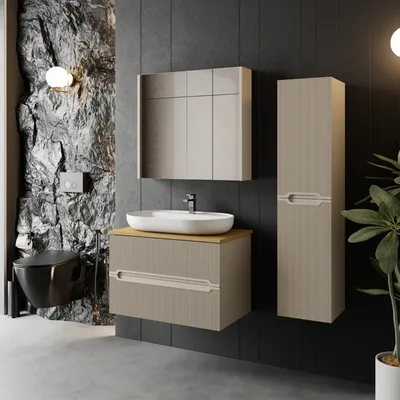 Produktbild von Badmöbel Set Bella Konsole 80 Eiche | Waschbecken | Waschtisch | Spiegelschrank