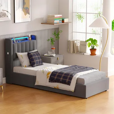 Obrázek produktu pro MODFU Čalouněná postel 90 × 200 Dětská postel s LED světlem a zásuvkami, Boxspring postel s úložným prostorem, šedá (bez matrace)