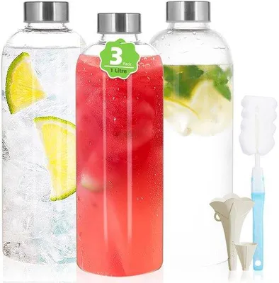 Productafbeelding van Set van 3 Herbruikbare Glazen Waterflessen 1L
