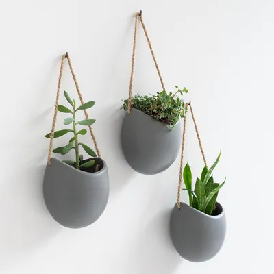 Produktbild von Hängende Keramische Pflanzenübertöpfe - Set von 3 Stück - Wanddekoration für Innen, Balkon und Garten - Grau Matt