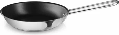A stainless steel frying pan with a black non-stick interior and a silver handle, shown on a white background.