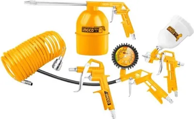 Immagine prodotto di Kit accessori per compressore, inclusi gonfiagomme con manometro, pistola di soffiaggio, pistola a spruzzo per vernice, tubo a spirale, set 5 pezzi, Ingco