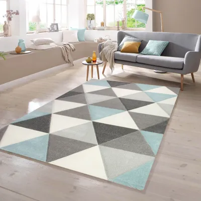 Produktbild von Teppich mit Dreieck Muster in Blau Grau Creme Größe - 80 x 150 cm