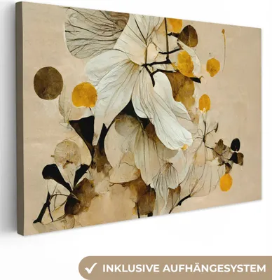 Produktbild von MuchoWow® - Leinwandbilder - Blumen - Pflanzen - Gold - Vintage, Wandbild, Wanddeko Bilder Wohnzimmer, 90x60 cm