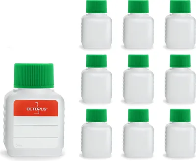 Zdjęcie produktu dla 10 plastikowych butelek o pojemności 50 ml z zielonymi nakrętkami (puste)