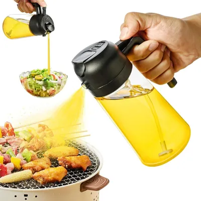 Produktbild von 2 in 1 Ölsprüher für speiseöl, 470ml Öl Sprühflasche lebensmittelecht, Ölspray zum Kochen, Hochwertiger Öl Zerstäuber, Ölsprüher für Heißluftfritteuse(Schwarz)