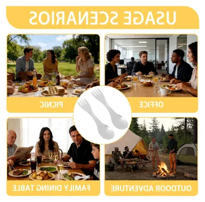 Produktbild von 3-teiliges Outdoor 2-in-1 Löffel- und Spork-Set aus 304 Edelstahl, ultraleichtes und tragbares Campingbesteck mit Aufbewahrungstasche