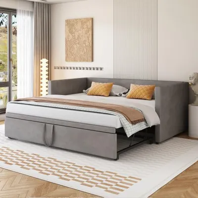 Image de Canapé-lit Zubaliya - 90/180 x 200 cm - Gris - Velours - Convertible