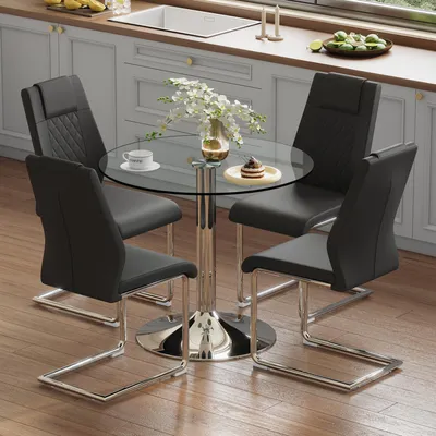 Produktbild von Modernes Esstisch-Set Rund Ø 85cm - Glastisch aus Sicherheitsglas mit 4 Kunstleder Stühlen - Platzsparende Essgruppe für Küche & Wohnzimmer