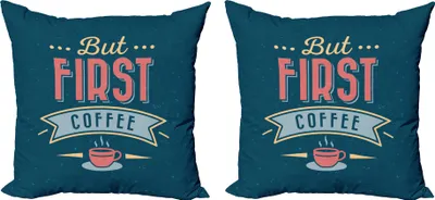 Produktbild von ABAKUHAUS Aber zuerst Kaffee Kissenbezug Set (2Stück), Zusammensetzung von Grunge Design Plakat Layout-Langtext-Schriftart, 45 x 45 cm, Dunkle Teal Coral