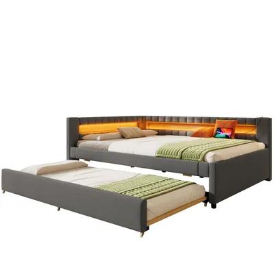 Produktbild von MODFU Schlafsofa 140x200 Kinderbett mit Ausziehbett und Lattenrost, Tagesbett Daybett mit LED-Beleuchtung (App- & Kabelsteuerung),ohne Matratze,Grau