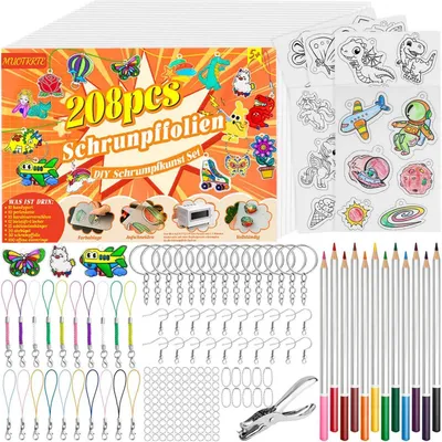 Image de Kit de film thermorétractable avec accessoires, comprenant 208 pièces : 30 feuilles thermorétractables format A5, 165 accessoires pour porte-clés, crayons de couleur, et un perforateur