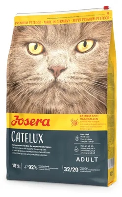 Produktbild von JOSERA Catelux (1 x 10 kg) | Adult | Premium Trockenfutter für ausgewachsene anspruchsvolle Katzen | Ente & Kartoffel | weizenfrei | mit diätische Fasern gegen Haarballen | Katzenfutter | 1er Pack