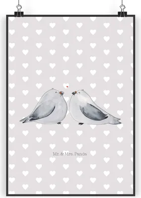 Produktbild von Mr. & Mrs. Panda Bild Turteltauben Liebe DIN A4 - Grau Pastell - Geschenk, Hochzeitstag, Freundin, Tauben, drucke, wanddeko, Hochzeit, Plakat, Wandbild, Kunstdruck