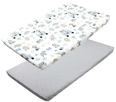 Produktbild von TupTam Baby Spannbettlaken Kinder Spannbetttuch für Babybett Kinderbett 2er Pack, Farbe: Zoo Blau / Sterne / Weiß / Grau, Größe: 60 x 120 cm