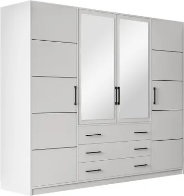 A white wardrobe with mirrored doors and drawers.