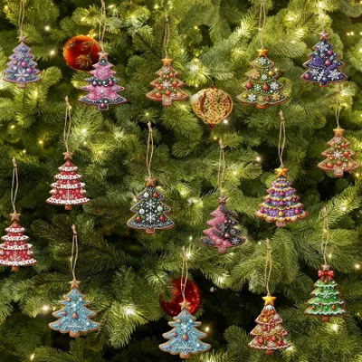 Holz-Weihnachtsbaum-Anhänger, bunt, 36 Stück, Mini